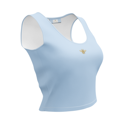 Light blue tank top with a small yellow bee design on a white background