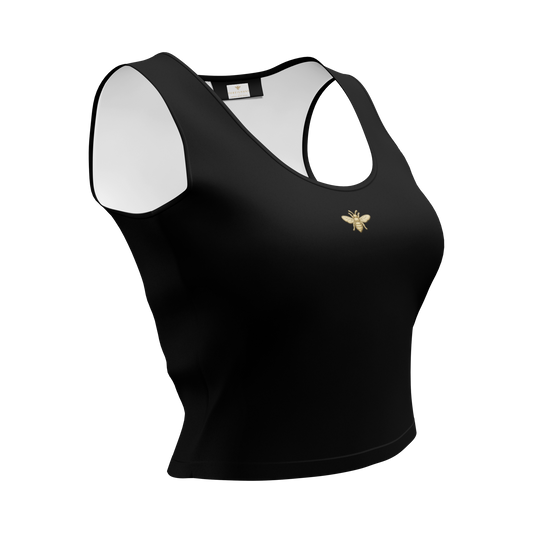 Black tank top with a gold logo on a white background