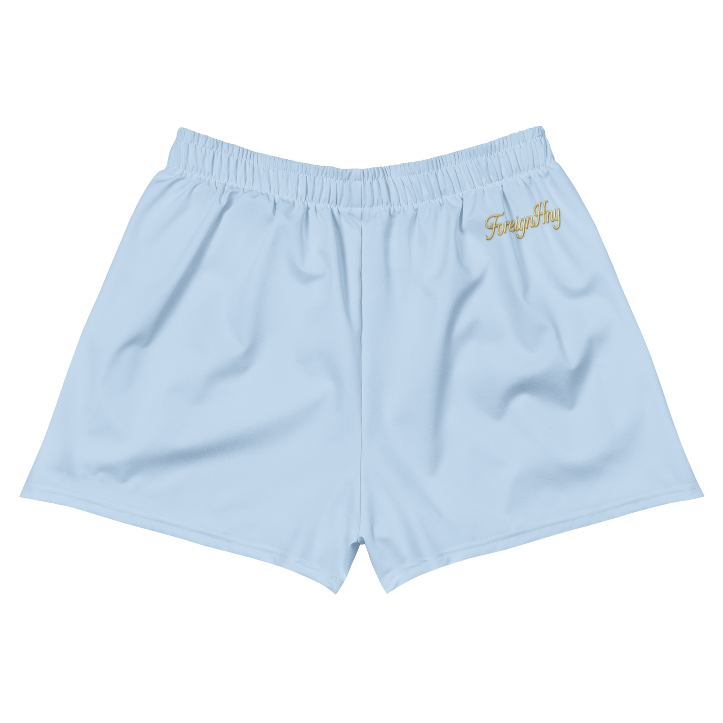 Light blue shorts with a brand logo on a white background