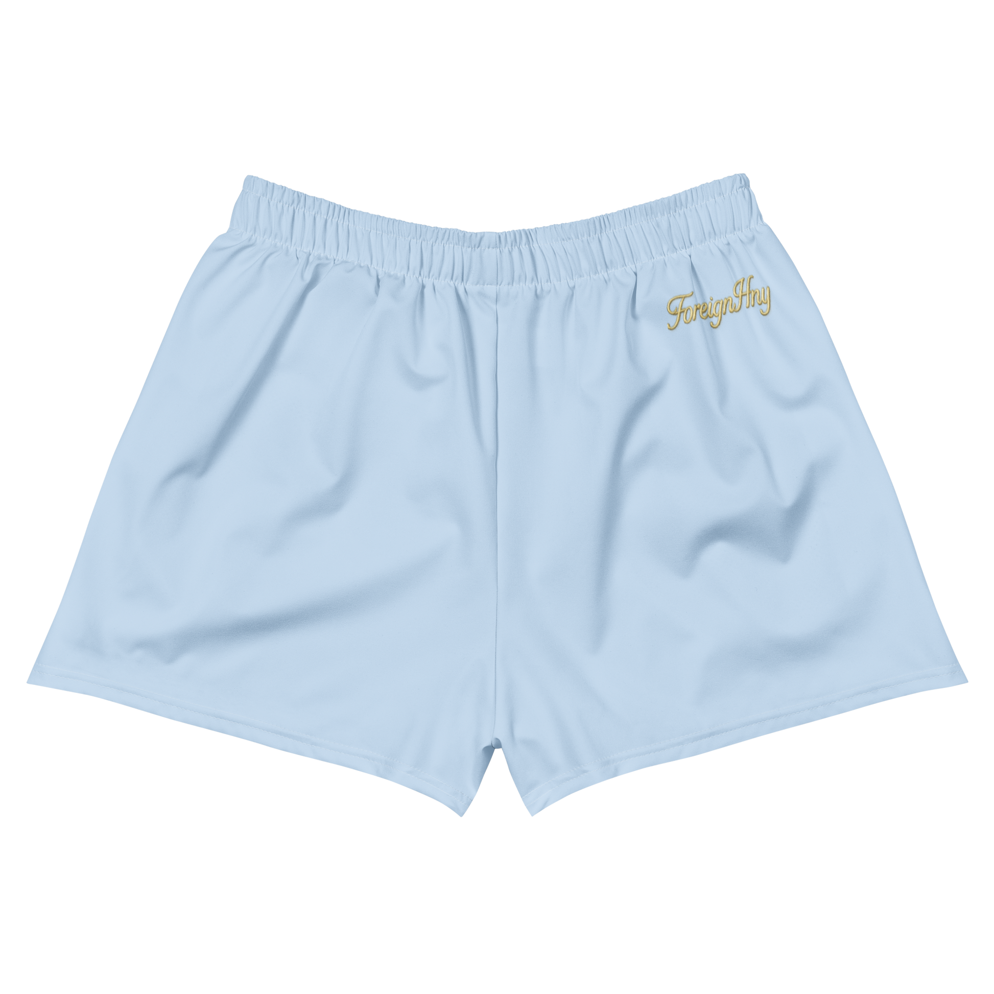 Light blue shorts with a brand logo on a white background