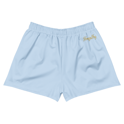 Light blue shorts with a brand logo on a white background
