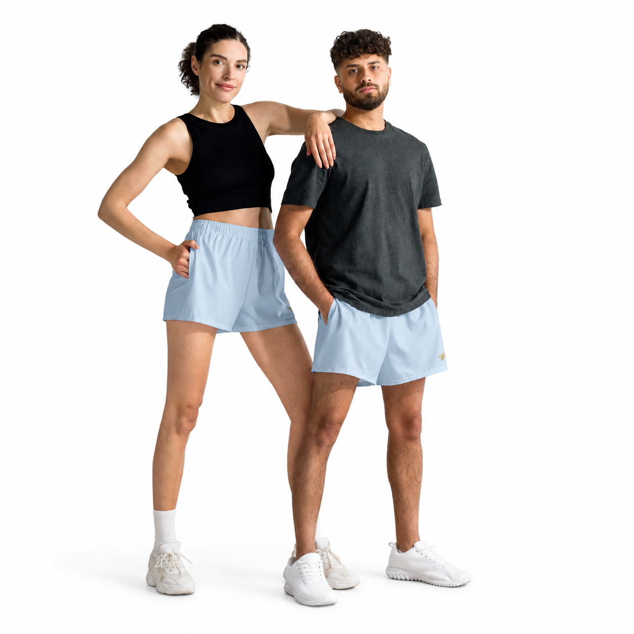 Two people wearing light blue shorts on a white background