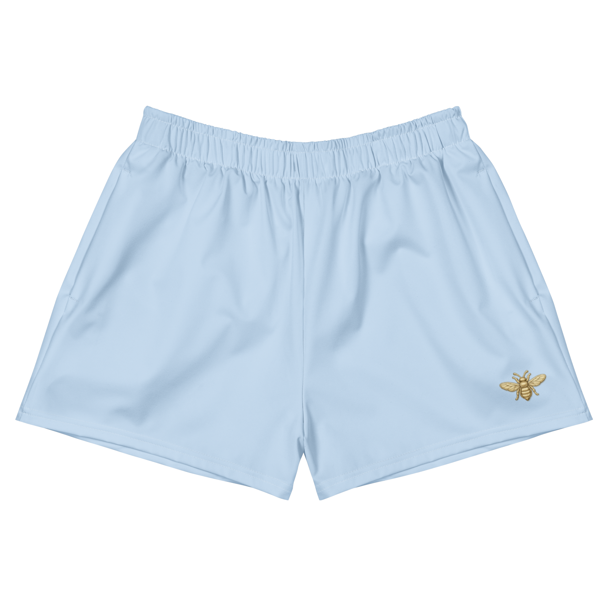 Light blue shorts with a bee emblem on a white background