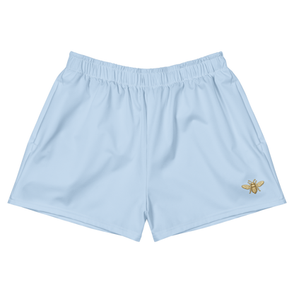 Light blue shorts with a bee emblem on a white background