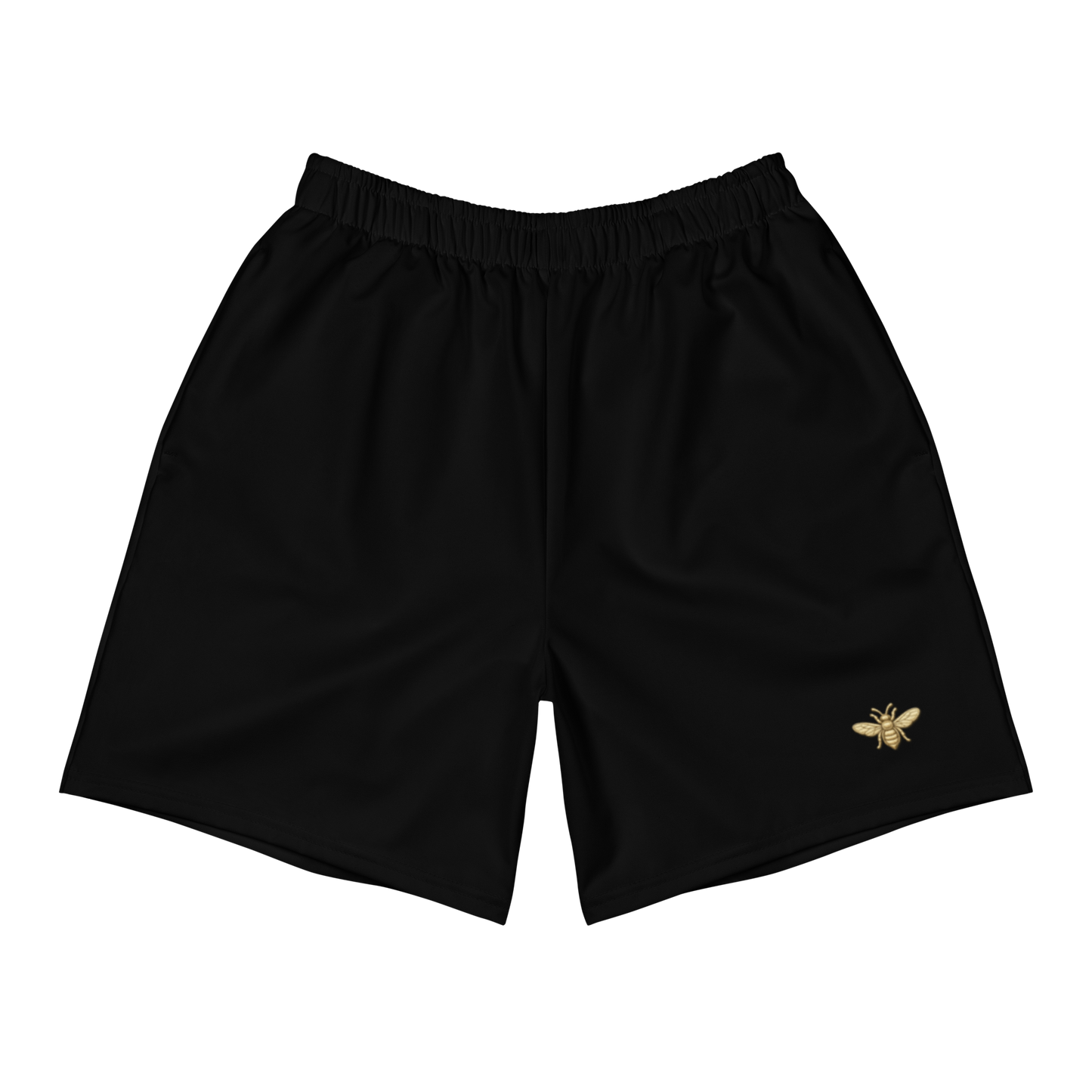 Black shorts with a gold bee emblem on a white background