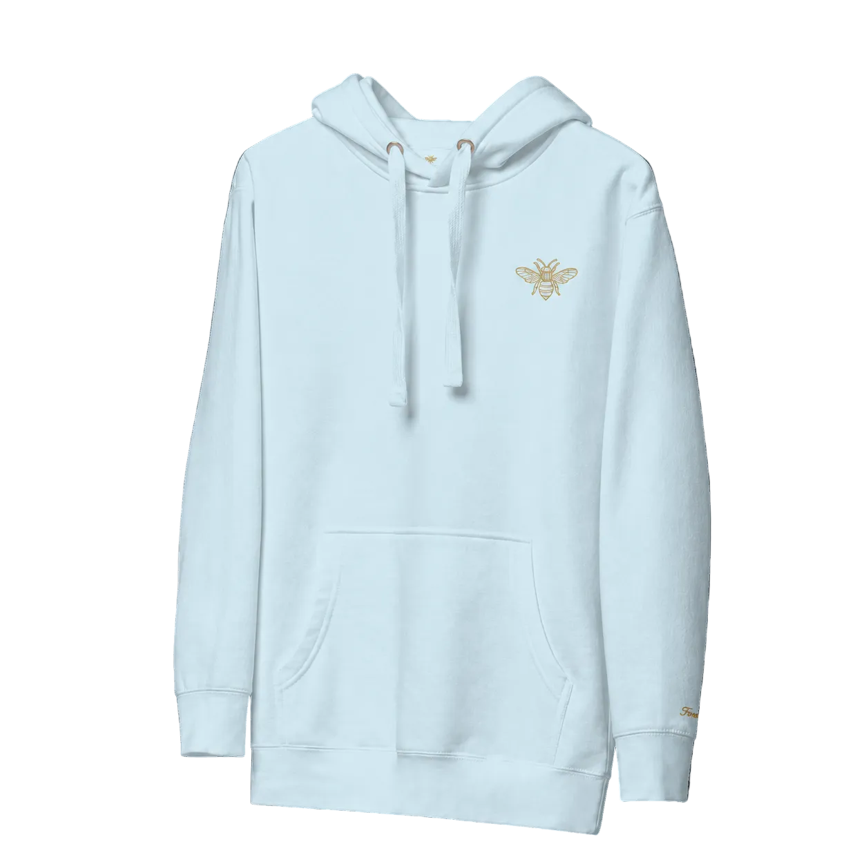 Light blue hoodie with a logo on the chest against a black background