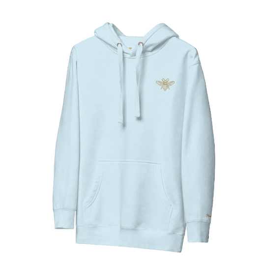 Light blue hoodie with a logo on the chest against a black background