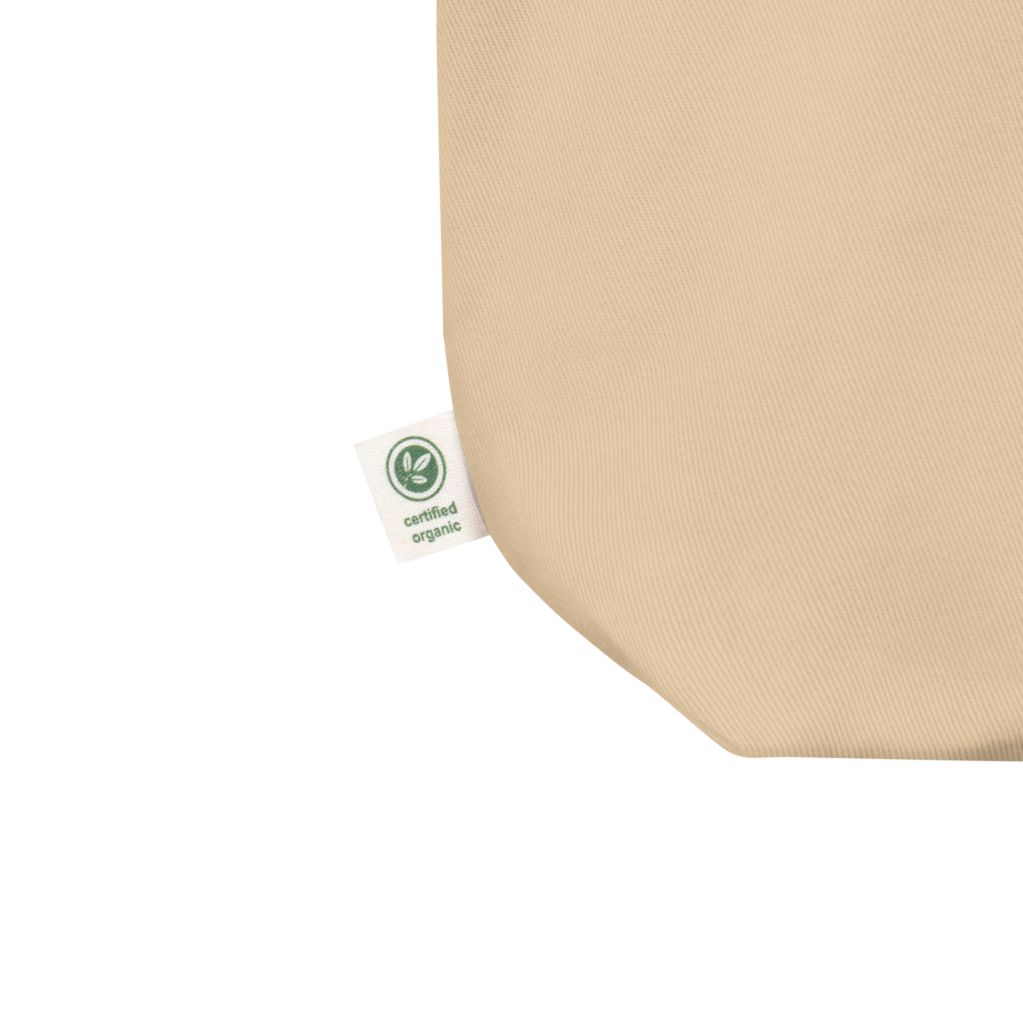 Beige fabric with a certified organic label on a white background
