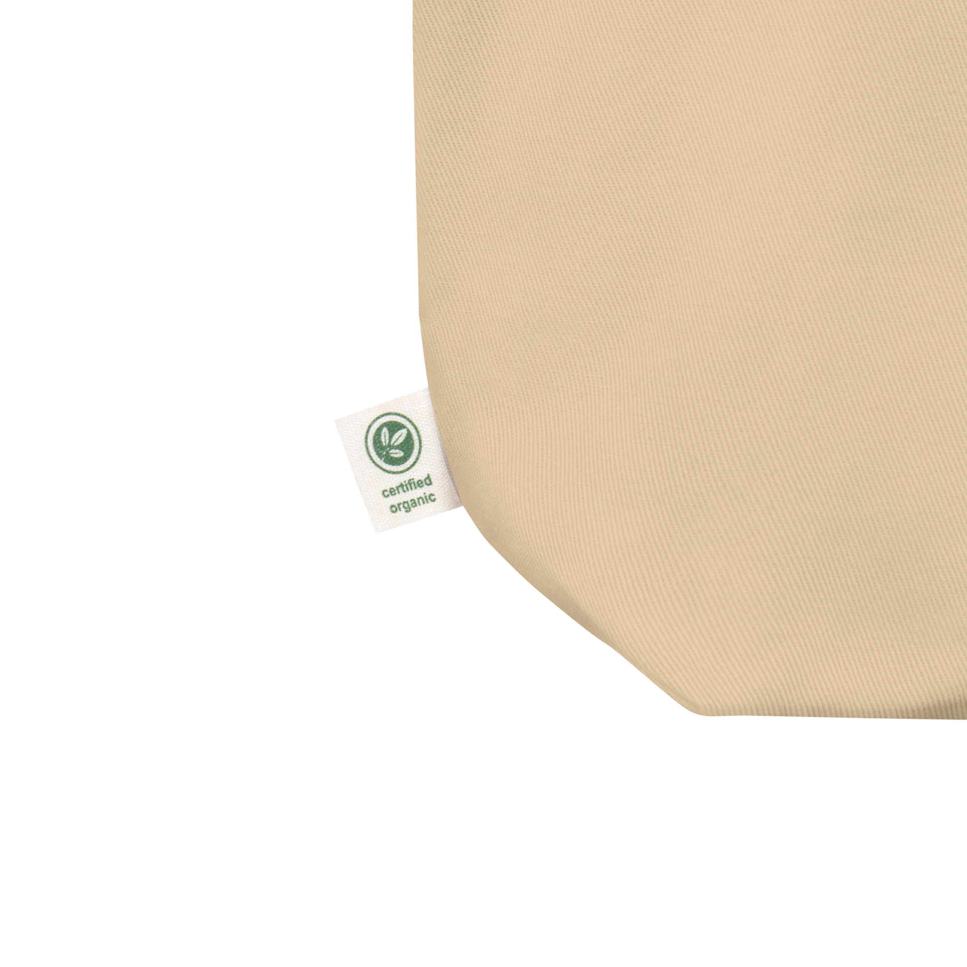 Beige fabric with a certified organic label on a white background
