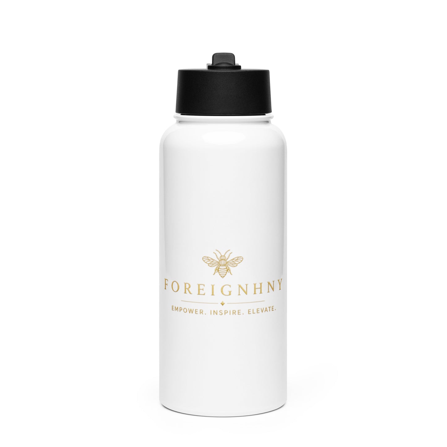 White water bottle with black lid and 'FOREIGNHNY' branding on a white background