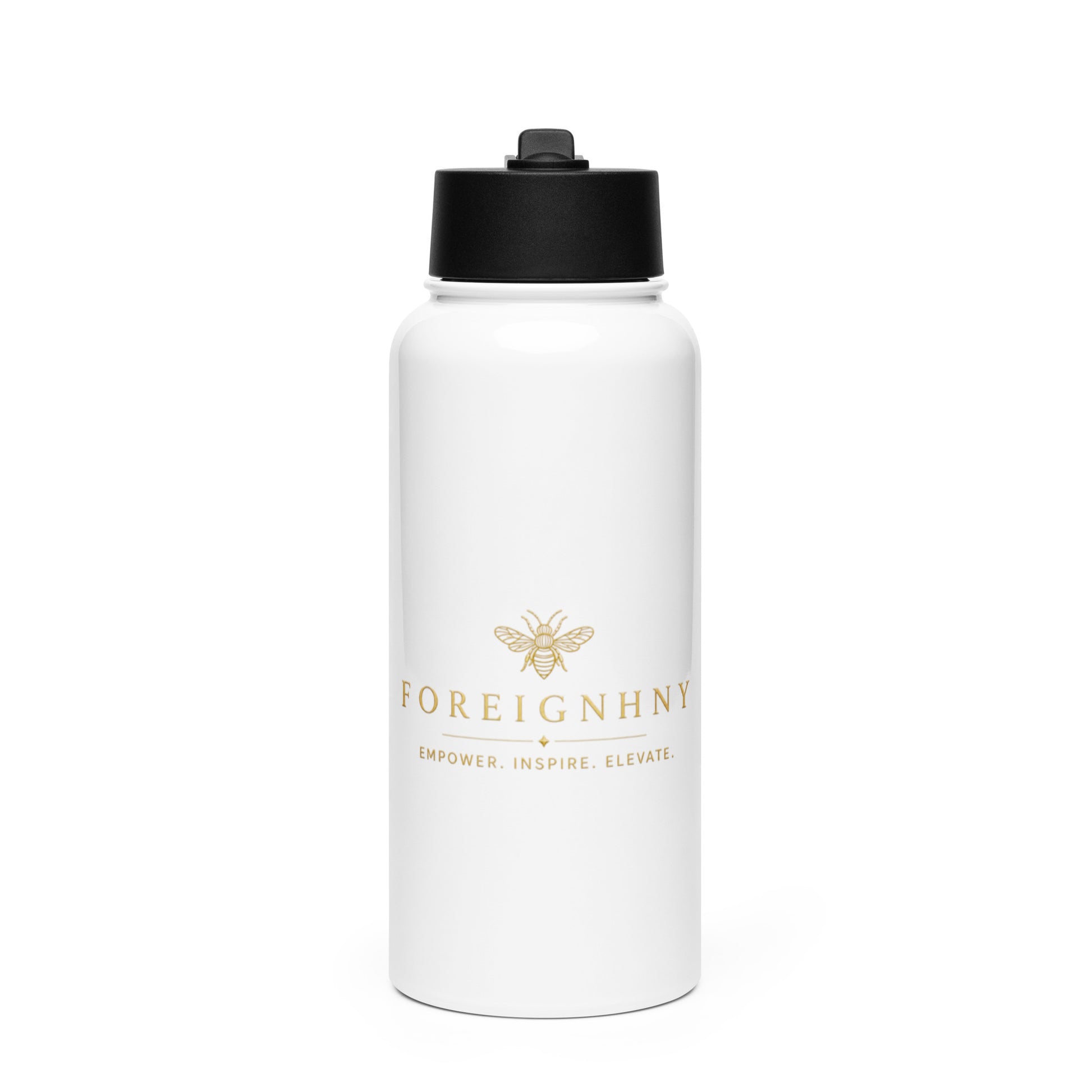 White water bottle with black lid and 'FOREIGNHNY' branding on a white background