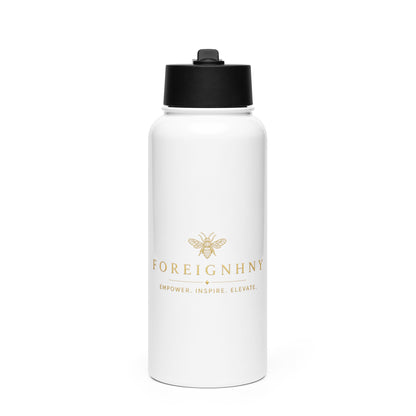 White water bottle with black lid and 'FOREIGNHNY' branding on a white background