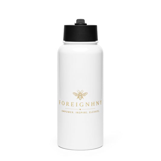 White water bottle with black lid and 'FOREIGNHNY' branding on a white background