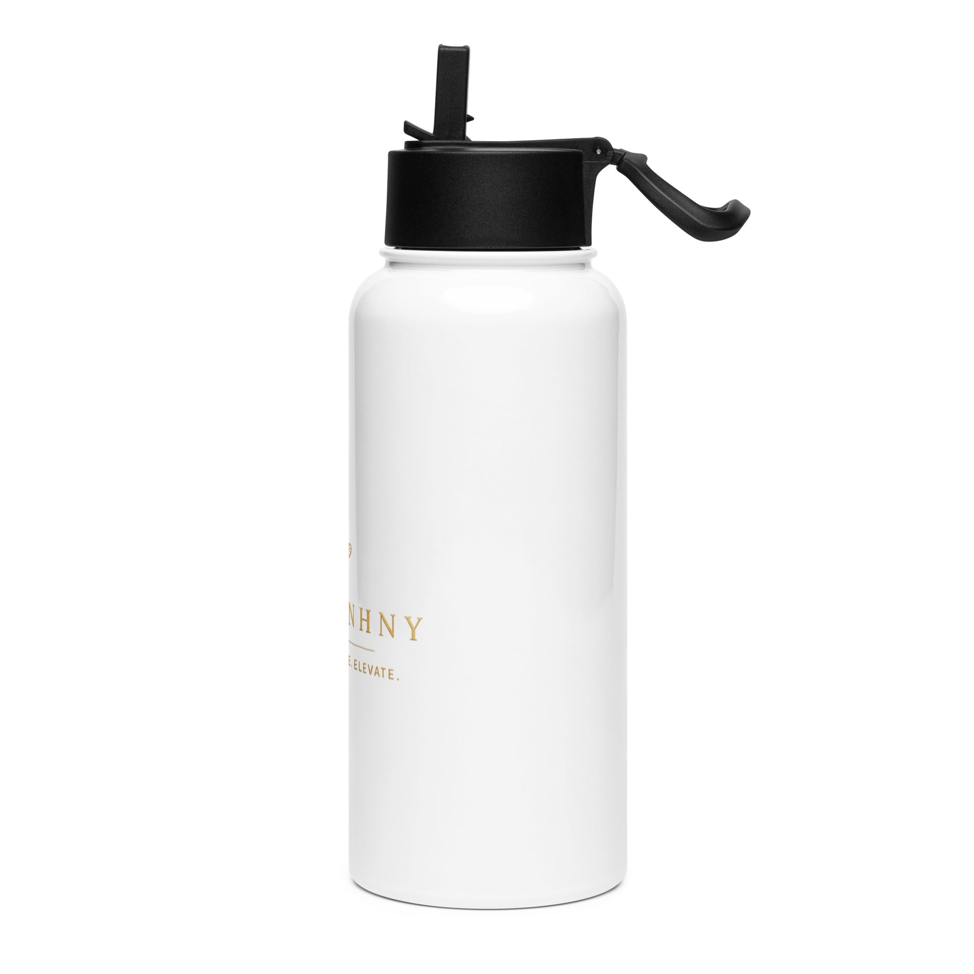 White water bottle with black lid and 'Johny' branding on a white background